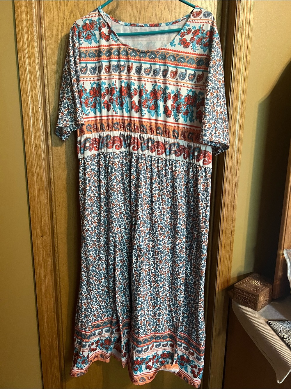 Bohemian Floral Midi Dress in Teal and Coral